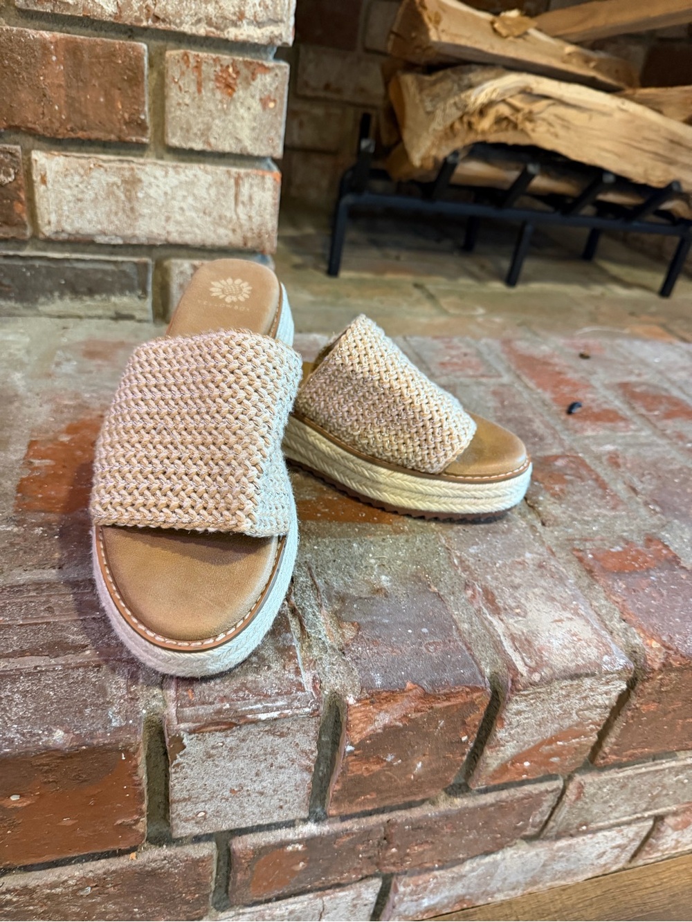 Yellow box Woven Slide Platform Sandals in Natural Size 9